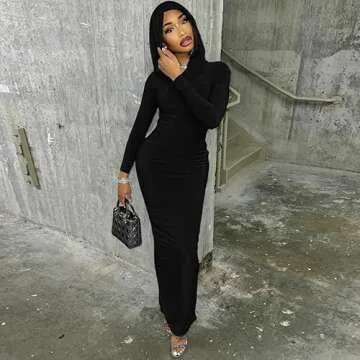 ccisppal Women's 2023 Fall Maxi Dress Hooded Sexy Long Sleeve Bodycon Party Club Cocktail Maxi Dress