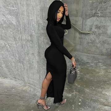 ccisppal Women's 2023 Fall Maxi Dress Hooded Sexy Long Sleeve Bodycon Party Club Cocktail Maxi Dress