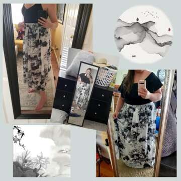 Topdress Women's Chiffon Skirts Elastic High Waist Tea Length A-line Ruffle Beach Skirts Black Paint...