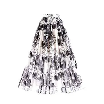 Topdress Women's Chiffon Skirts Elastic High Waist Tea Length A-line Ruffle Beach Skirts Black Painting XL