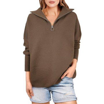 ANRABESS Women Quarter Zip Oversized Casual Loose Rib Knit Cozy Pullover Sweaters Top 2024 Fall Fash...
