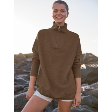 ANRABESS Women Quarter Zip Oversized Casual Loose Rib Knit Cozy Pullover Sweaters Top 2024 Fall Fashion Outfits Clothes