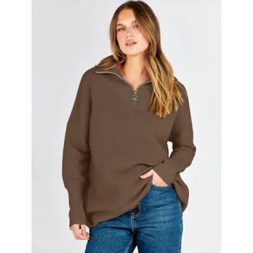 ANRABESS Women Quarter Zip Oversized Casual Loose Rib Knit Cozy Pullover Sweaters Top 2024 Fall Fashion Outfits Clothes