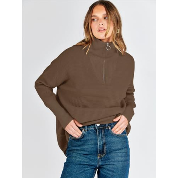 ANRABESS Women Quarter Zip Oversized Casual Loose Rib Knit Cozy Pullover Sweaters Top 2024 Fall Fashion Outfits Clothes