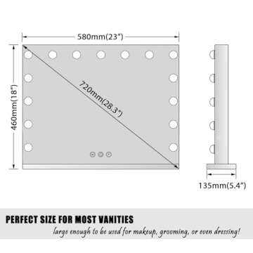 HOMPEN Vanity Mirror Makeup Mirror with Lights,Large Hollywood Lighted Vanity Mirror with 15 Dimmable LED Bulbs,3 Color Modes, Touch Control for Dressing Room & Bedroom, Tabletop or Wall-Mounted