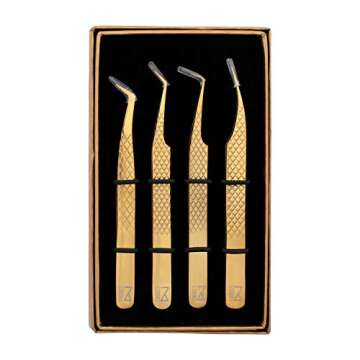 M LASH Eyelash Extension Tweezers (Set of 4) - Professional & Precision Lash Tweezers for Eyelash Extensions - Japanese Steel, Diamond Grip, Fiber Tip V3 (Gold)