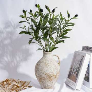 Vintage Ceramic Vase with Fake Olive Branches, Farmhouse White Vase with 2Pcs Faux Olive Plant Green...