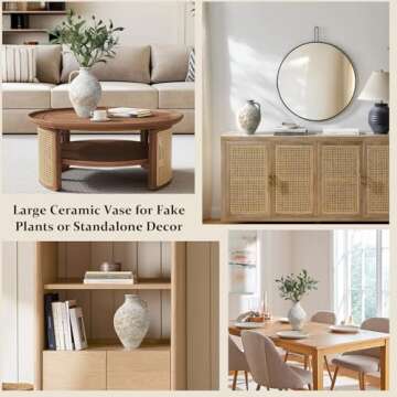 Vintage Ceramic Vase with Fake Olive Branches, Farmhouse White Vase with 2Pcs Faux Olive Plant Greenery for Home Bedroom Living Room Side Table Entryway Dining Table Decor