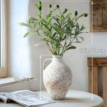 Vintage Ceramic Vase with Fake Olive Branches, Farmhouse White Vase with 2Pcs Faux Olive Plant Greenery for Home Bedroom Living Room Side Table Entryway Dining Table Decor