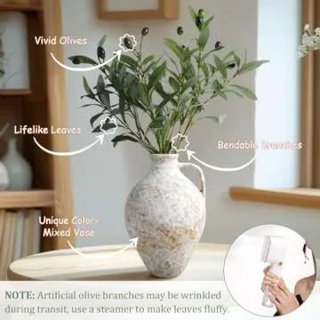 Vintage Ceramic Vase with Fake Olive Branches, Farmhouse White Vase with 2Pcs Faux Olive Plant Greenery for Home Bedroom Living Room Side Table Entryway Dining Table Decor