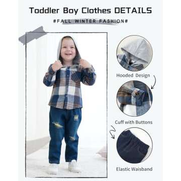 XUANHAO 18 Months Boy Clothes Toddler Outfits Winter Clothing Boys 18 Months Long Sleeve Hoodie Plaid Tops Denim Pants Fall 18-24 Months Boy Clothes