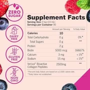 Zena Liquid Collagen Peptides for Women & Men + Biotin 5000mcg | Hydrolyzed Multi Verisol Collagen Peptides 2500mg | Sugar & Gluten Free Hair, Skin, Nail Supplement | Berry | 90 Servings, 30 FL Oz