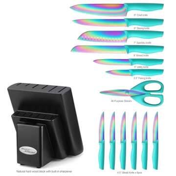 Marco Almond Knife Block Set, Knife Set Rainbow Color, 14 Piece Stainless Steel Kitchen Knife Sets w...