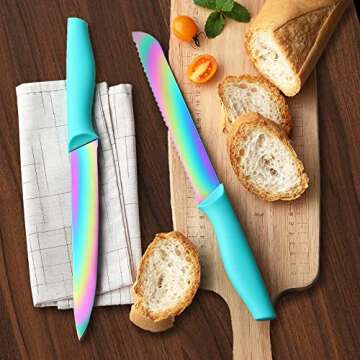 Marco Almond Knife Block Set, Knife Set Rainbow Color, 14 Piece Stainless Steel Kitchen Knife Sets with Block, KYA27 Chef Cooking Steak Knives Set for Kitchen