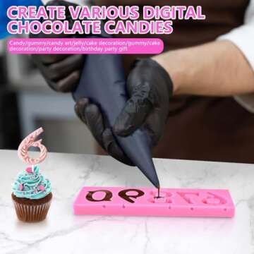 OBTANIM Silicone Number 0-9 3D Embossed Fondant Chocolate Mold with Stick Hole for Birthday Cake Decorating DIY Baking