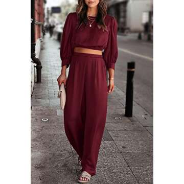 PRETTYGARDEN Women's 2 Piece Satin Outfits 2024 Spring Casual Puff Sleeve Crop Tops Blouse And Long Palazzo Pants Set (Wine Red,Small)