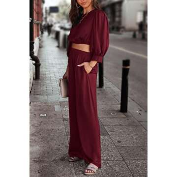 PRETTYGARDEN Women's 2 Piece Satin Outfits 2024 Spring Casual Puff Sleeve Crop Tops Blouse And Long Palazzo Pants Set (Wine Red,Small)