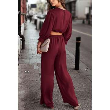 PRETTYGARDEN Women's 2 Piece Satin Outfits 2024 Spring Casual Puff Sleeve Crop Tops Blouse And Long Palazzo Pants Set (Wine Red,Small)