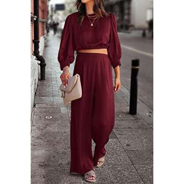 PRETTYGARDEN Women's 2 Piece Satin Outfits 2024 Spring Casual Puff Sleeve Crop Tops Blouse And Long Palazzo Pants Set (Wine Red,Small)