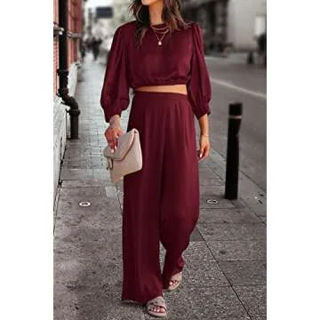PRETTYGARDEN Women's 2 Piece Satin Outfits 2024 Spring Casual Puff Sleeve Crop Tops Blouse And Long Palazzo Pants Set (Wine Red,Small)