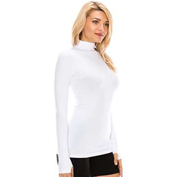 Kurve Women’s Basic Turtleneck Top – Long Sleeve Casual Stretch Mock Neck Slim Fitted T-Shirt Tops (Made in USA), White, X-Small/Small