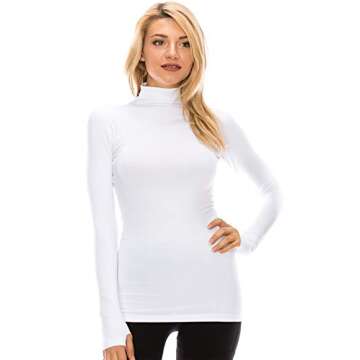 Kurve Women’s Basic Turtleneck Top – Long Sleeve Casual Stretch Mock Neck Slim Fitted T-Shirt Tops (Made in USA), White, X-Small/Small