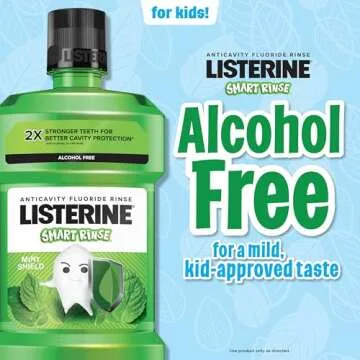 Listerine Smart Rinse Kids Mouthwash, ADA Accepted, Alcohol-Free Anticavity Sodium Fluoride Mouthwash, Oral Rinse for Dental Cavity Protection, Mint Shield Flavor for Children's Oral Care, 500 mL