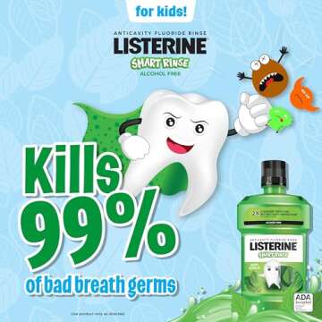 Listerine Smart Rinse Kids Mouthwash, ADA Accepted, Alcohol-Free Anticavity Sodium Fluoride Mouthwash, Oral Rinse for Dental Cavity Protection, Mint Shield Flavor for Children's Oral Care, 500 mL