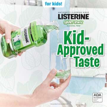 Listerine Smart Rinse Kids Mouthwash, ADA Accepted, Alcohol-Free Anticavity Sodium Fluoride Mouthwash, Oral Rinse for Dental Cavity Protection, Mint Shield Flavor for Children's Oral Care, 500 mL