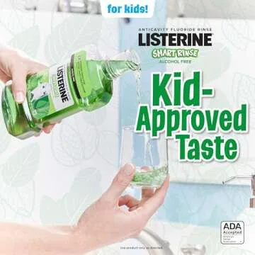 Listerine Smart Rinse Kids Mouthwash, ADA Accepted, Alcohol-Free Anticavity Sodium Fluoride Mouthwash, Oral Rinse for Dental Cavity Protection, Mint Shield Flavor for Children's Oral Care, 500 mL