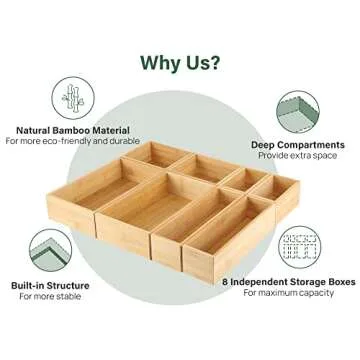 Kootek Bamboo Drawer Organizer Set 8-Piece Eco-Friendly