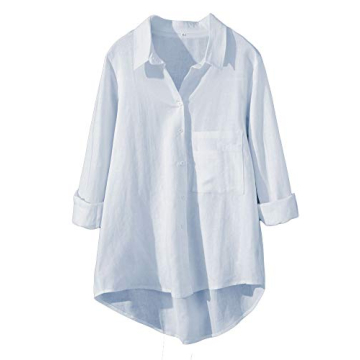 Minibee Women's Casual Cotton Linen Blouse Plus Size High Low Shirt Long Sleeve Tops Light Blue