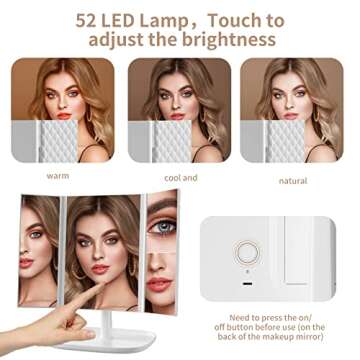 Makeup Vanity Mirror with Lights, 3 Color Lighting Modes 52 LED Trifold Portable Mirror, 1X 2X 3X Magnification, Touch Control, Dual Power Supply, 360 Degree Adjustable Stand