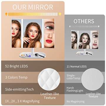 Makeup Vanity Mirror with Lights, 3 Color Lighting Modes 52 LED Trifold Portable Mirror, 1X 2X 3X Magnification, Touch Control, Dual Power Supply, 360 Degree Adjustable Stand