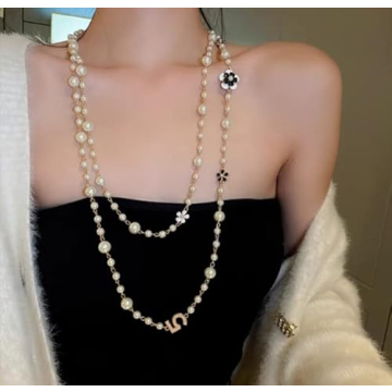 Imitation Pearl Necklace with Camellia Flower Charm