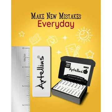 Artellius White Erasers - Large Size Latex & Smudge Free - Bulk School Supplies for Classrooms, Drawing, Teachers, Homeschool, Office, Art Class - Pack of 100