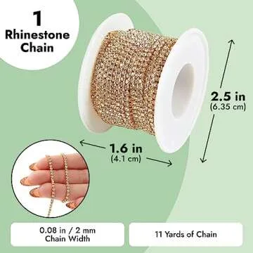 Juvale 11 Yards Rhinestone Chain, Gold Trim String for DIY Jewelry Making, Crafts, Shoe Charms (2mm Wide)