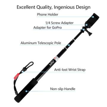 HSU Extendable Selfie Stick for Action Camera, Waterproof Hand Grip for GoPro Hero 13/12/11/10/9/8/7...
