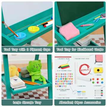 JUZBOT Easel for Kids Deluxe Foldable All-in-1 Toddler Easel with Paper Roll& 84pcs Accessories Magnetic Chalk-Whiteboard Art Center for Kids 3 4 5 6 7 8 Years Old Boys Girls-Green