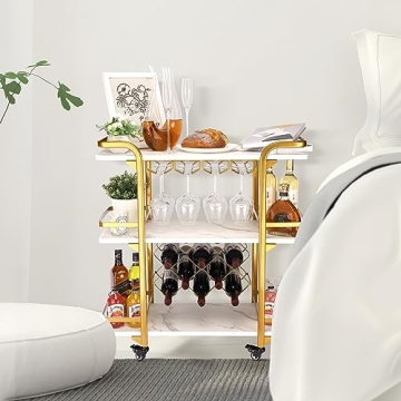 Jubao Gold Bar Cart with 3 Tiers for Stylish Storage, Home Bar Serving Cart with 4 Rows of Glass Holders & 8 Wine Racks, Modern Marbled Solid Wood Cart on Lockable Wheels, Coffee Bar Cart for Kitchen