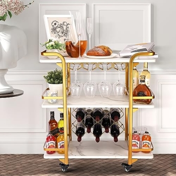 Jubao Gold Bar Cart with 3 Tiers for Stylish Storage, Home Bar Serving Cart with 4 Rows of Glass Holders & 8 Wine Racks, Modern Marbled Solid Wood Cart on Lockable Wheels, Coffee Bar Cart for Kitchen