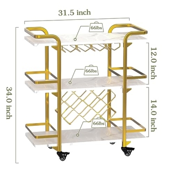 Jubao Gold Bar Cart with 3 Tiers for Stylish Storage, Home Bar Serving Cart with 4 Rows of Glass Holders & 8 Wine Racks, Modern Marbled Solid Wood Cart on Lockable Wheels, Coffee Bar Cart for Kitchen