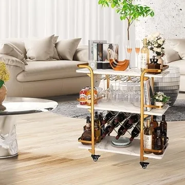 Jubao Gold Bar Cart with 3 Tiers for Stylish Storage, Home Bar Serving Cart with 4 Rows of Glass Holders & 8 Wine Racks, Modern Marbled Solid Wood Cart on Lockable Wheels, Coffee Bar Cart for Kitchen