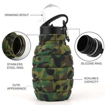 PenghaiYunfei Collapsible Travel Water Bottle19.6 oz, Reuseable Silicone Foldable Water Bottles for Gym Camping Hiking, Portable Leak Proof Sports Water Bottle with Carabiner (Army green camouflage)