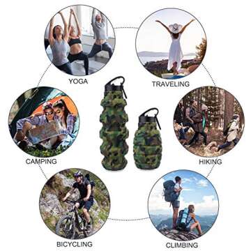 PenghaiYunfei Collapsible Travel Water Bottle19.6 oz, Reuseable Silicone Foldable Water Bottles for Gym Camping Hiking, Portable Leak Proof Sports Water Bottle with Carabiner (Army green camouflage)