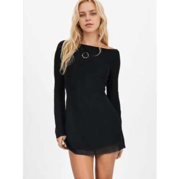 GCZREN Women Sexy Boat Neck Backless Mesh Mini Dress Solid Slim Fit Bell Long Sleeve Self Tie Back S...