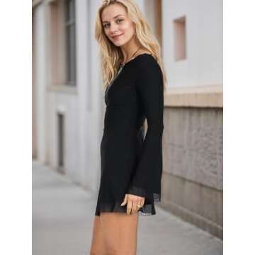 GCZREN Women Sexy Boat Neck Backless Mesh Mini Dress Solid Slim Fit Bell Long Sleeve Self Tie Back Sheer Short Dresses Black