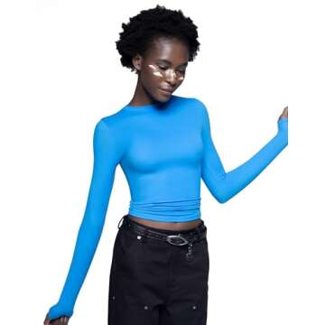 PUMIEY Women's Long Sleeve T Shirts Crew Neck Slim Fit Going Out Tops for Women Sexy Basic Tee, Pool Small