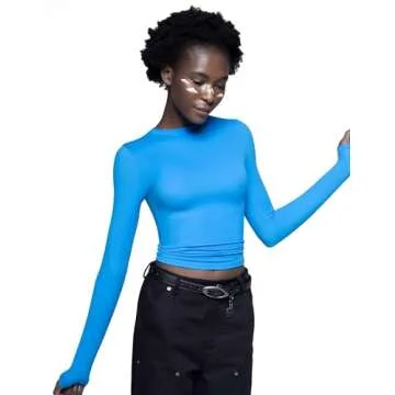 PUMIEY Women's Long Sleeve T Shirts Crew Neck Slim Fit Going Out Tops for Women Sexy Basic Tee, Pool Small