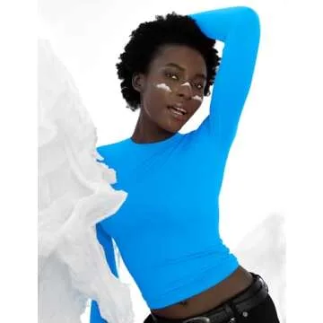 PUMIEY Women's Long Sleeve T Shirts Crew Neck Slim Fit Going Out Tops for Women Sexy Basic Tee, Pool Small